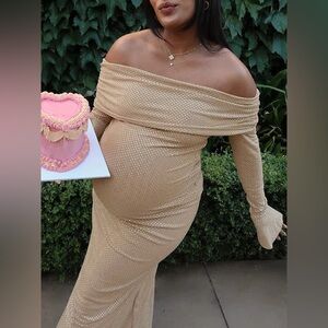 BRAND NEW -Khaki Diamond Rhinestone Off Shoulder Flare Sleeve Bodycon Maxi Dress